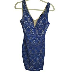 TRAC USA Blue Lace Sleeveless Nude Lined Dress Medium